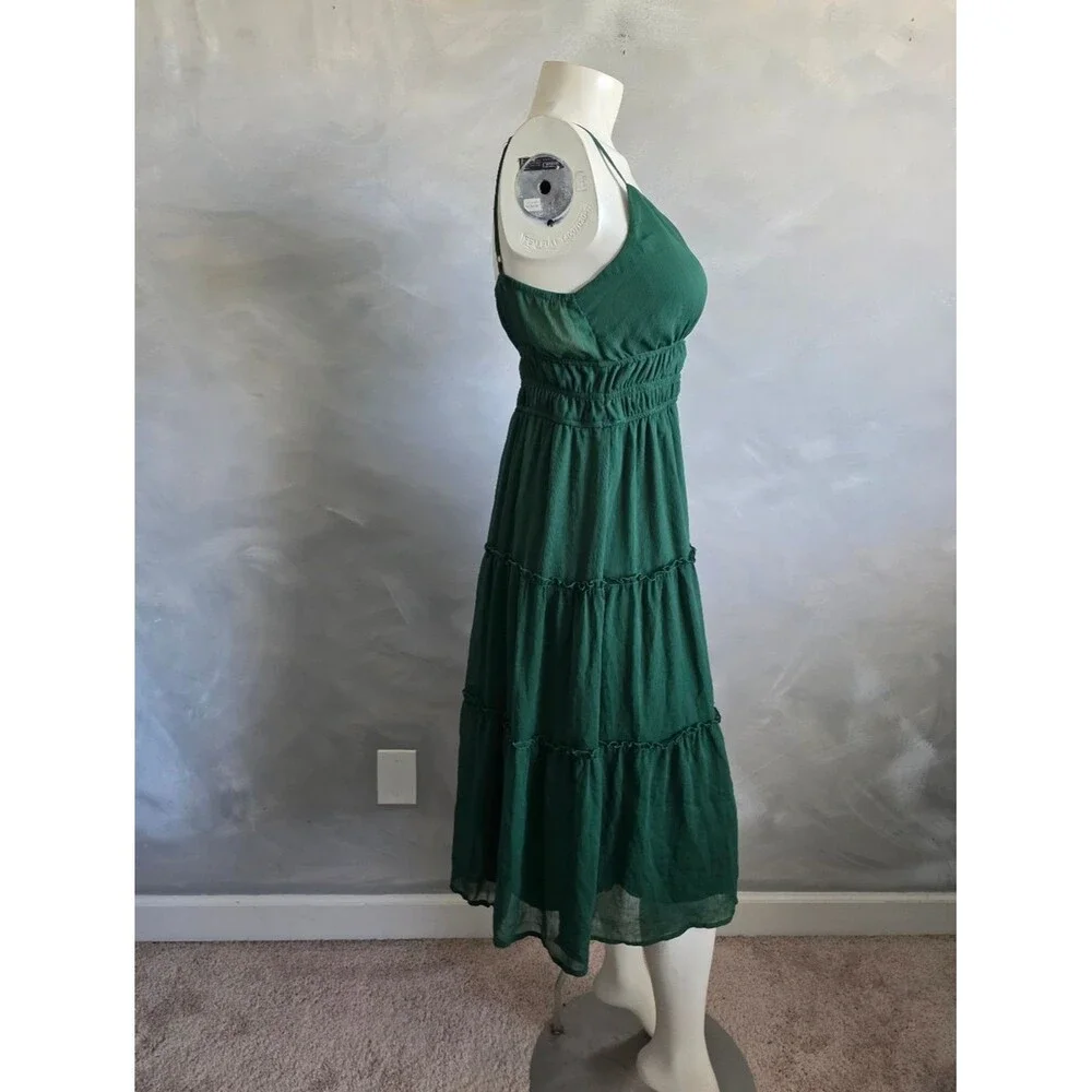 Women's Sleeveless Deep Green V Neck Dress Ruffle Tiered Midi Sz L Babydoll - Picture 4 of 9
